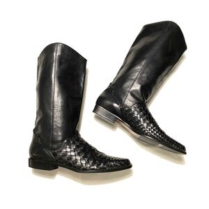 Unisa Flex Black Leather Riding Boots Woven Detail Women’s 10AA Narrow Mid Calf